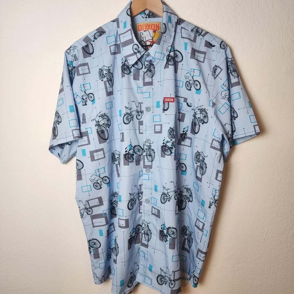 Dixxon Cruisin Shirt Mens Large Blue Bicycle Print D-Lite Short Sleeve Button Up